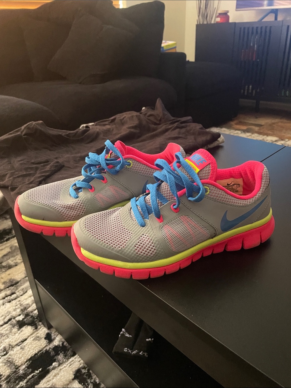Nike Kids Gray Athletic Sneakers with Pink, Blue & Neon Yellow Accents